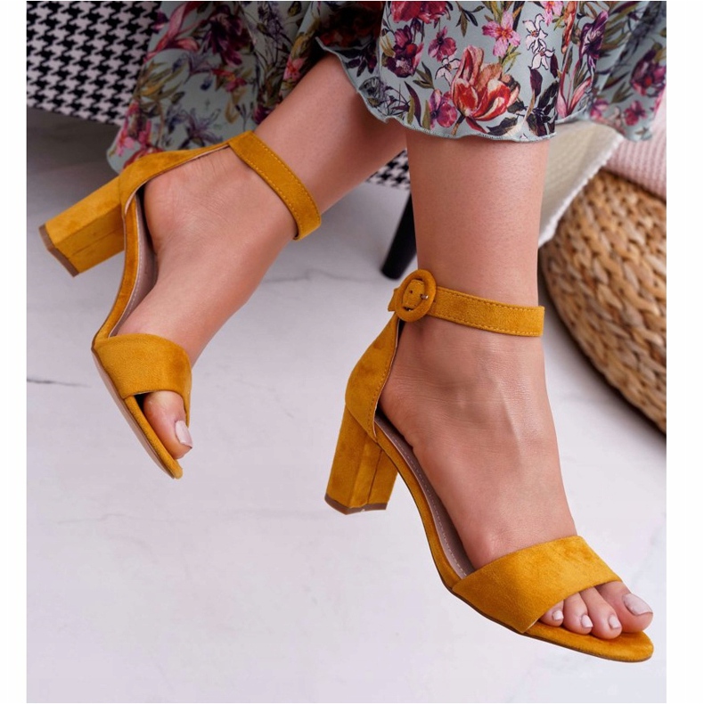 EVE Dámské sandály na podpatku semišové žluté Lexi žlutá 2