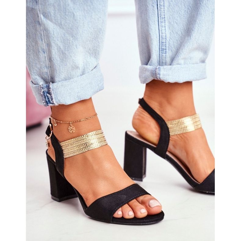 S.Barski Dámské sandály na podpatku semišové černé Užijte si černá 1