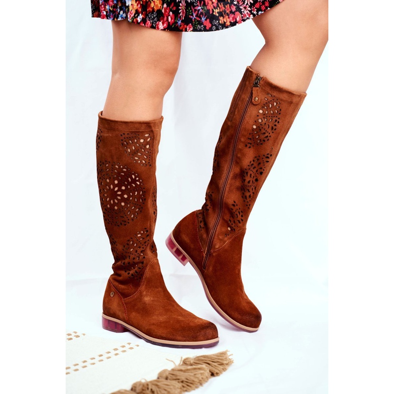 Dámské vysoké kozačky Maciejka Leather Openwork Camel 04525-29 hnědý 1