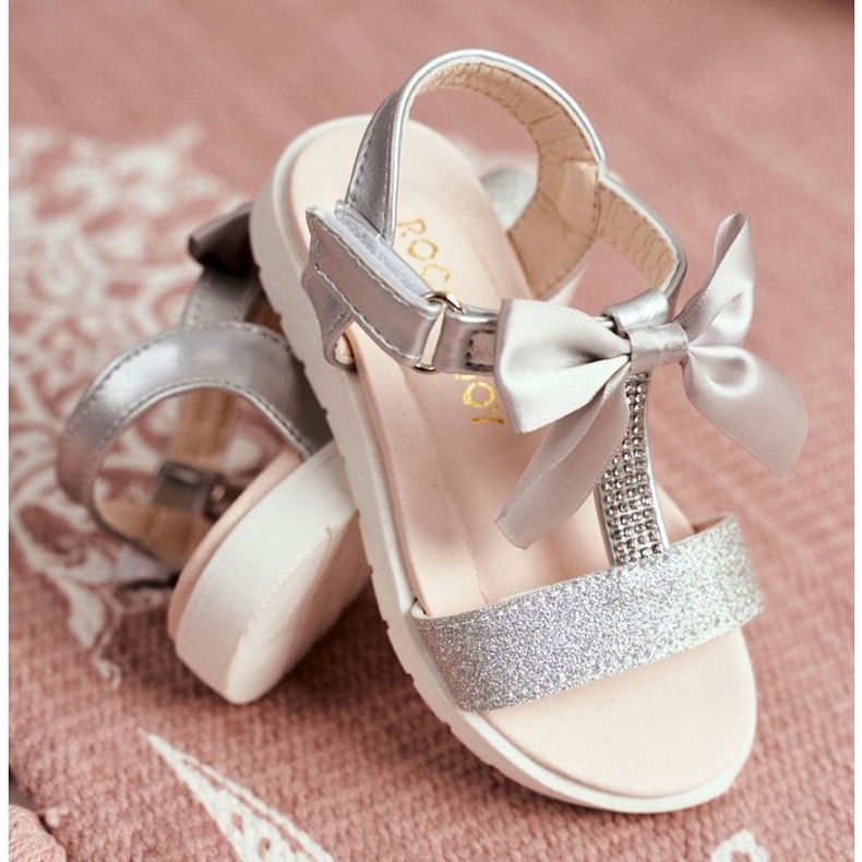 FRROCK Dětské sandály se suchým zipem pro dívky Silver Bella šedá 2
