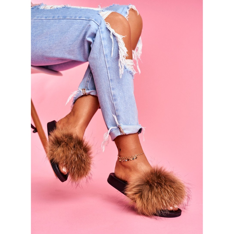 Dámské pantofle s přírodní kožešinou Camel Naturis hnědý 1