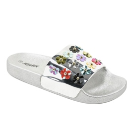 Stříbrné pantofle s květinami D7659-3 šedá 1