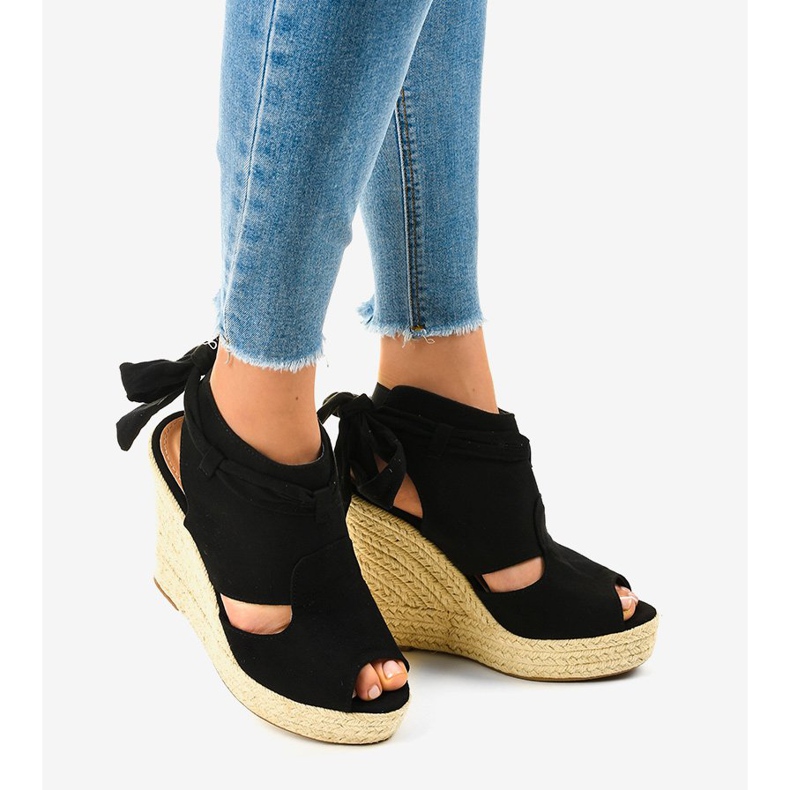 Klínové sandály černé espadrilky 77-20 černý 2