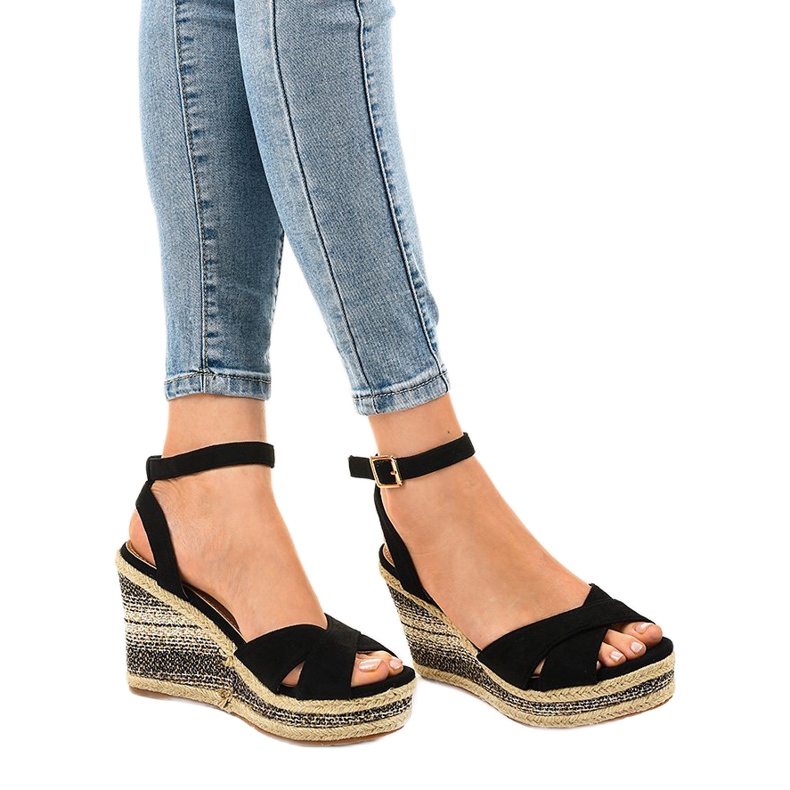 Černé klínové sandály espadrilky 150-613 černý 1