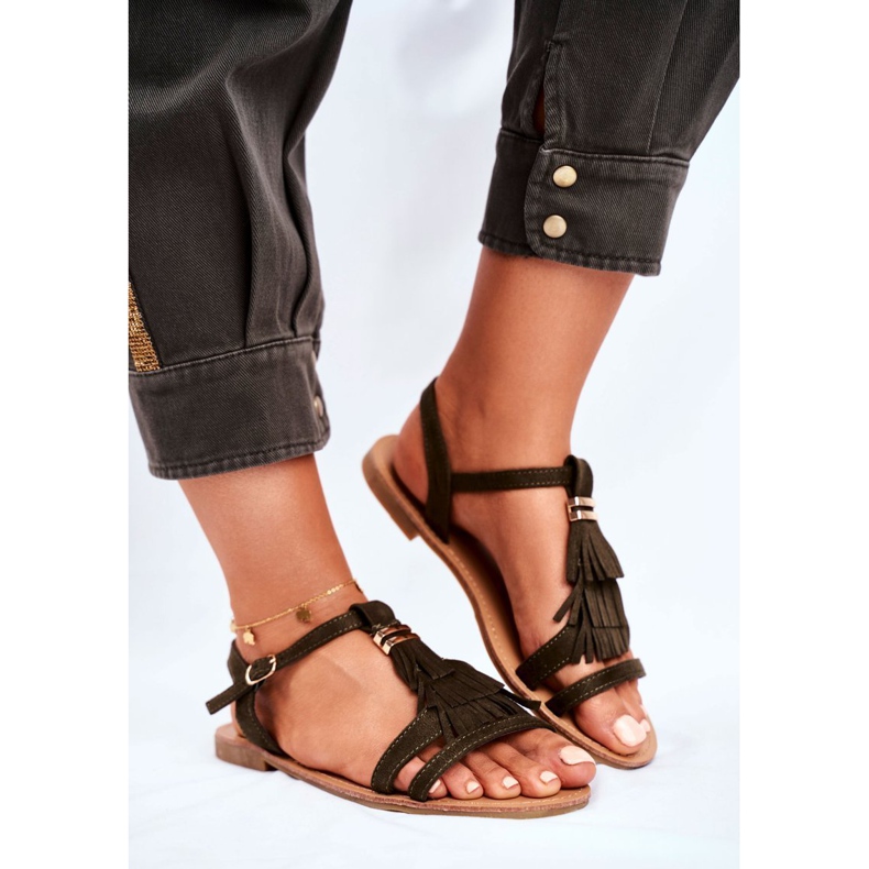 FJ1 Dámské sandály Flat Suede Boho Olive Lucami vícebarevný zelený 1