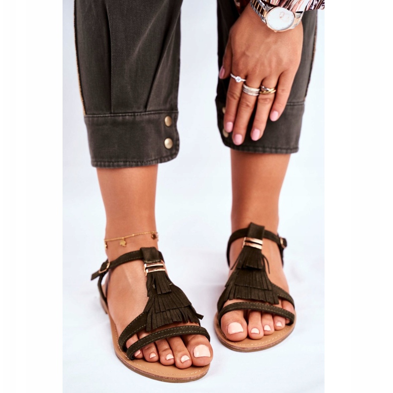 FJ1 Dámské sandály Flat Suede Boho Olive Lucami vícebarevný zelený 2