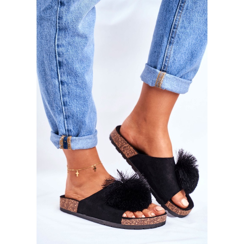 MSMG Dámské černé pantofle na korku s bambulí Galaxo černá 1 MSMG Dámské černé pantofle na korku s bambulí Galaxo černá 1