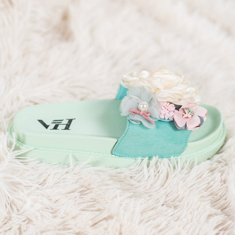 SHELOVET Semišové pantofle s květinami zelená 2