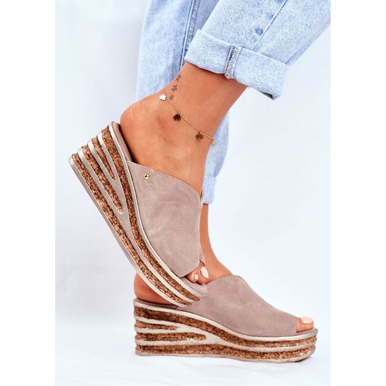 Dámské kožené přezůvky na klínku Limonáda Nicole 2559 béžový 2