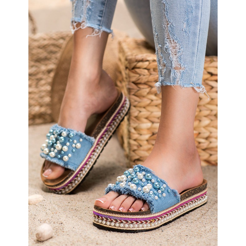 Small Swan Papuče na platformě s perlami modrý 2