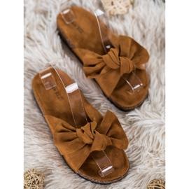 SHELOVET Semišové pantofle s mašlí hnědý 2