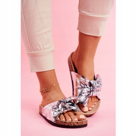 EVE Dámské pantofle s velkou stříbrnou krásnou mašlí šedá 1