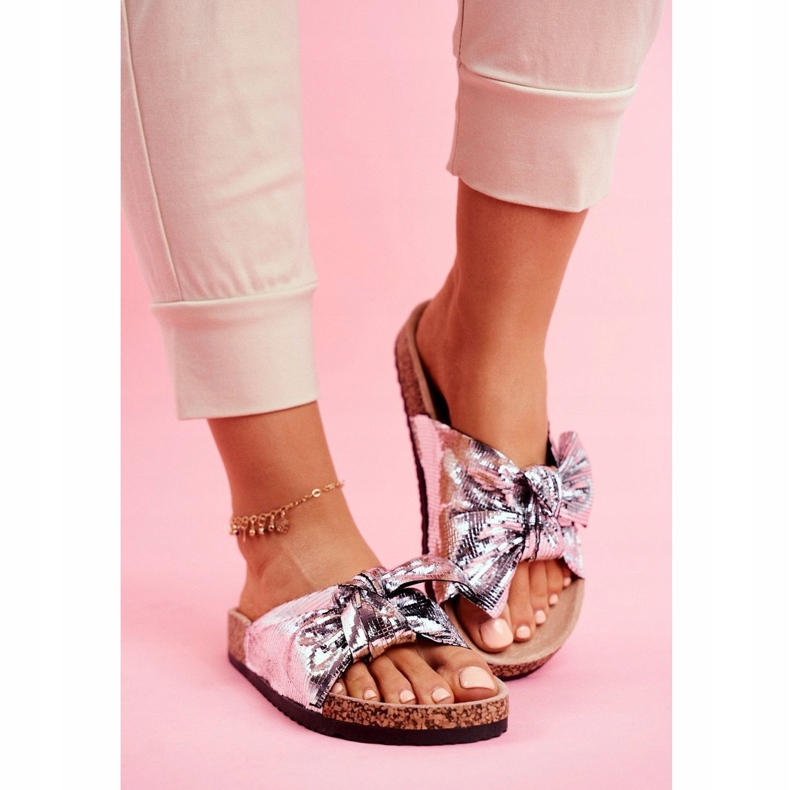 EVE Dámské pantofle s velkou stříbrnou krásnou mašlí šedá 1