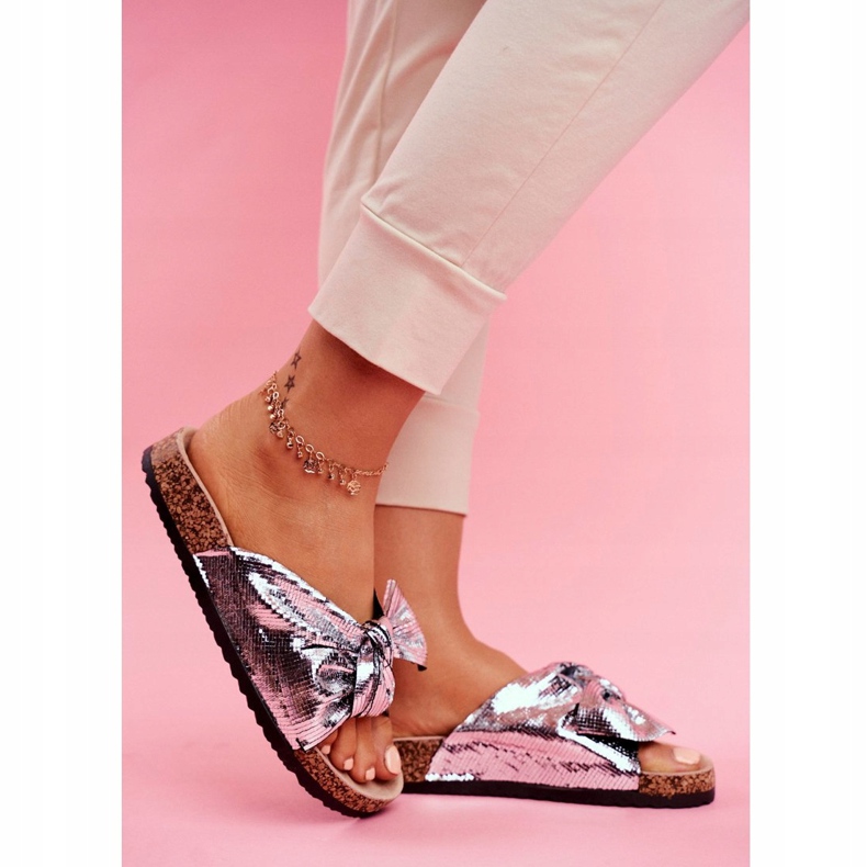 EVE Dámské pantofle s velkou stříbrnou krásnou mašlí šedá 2