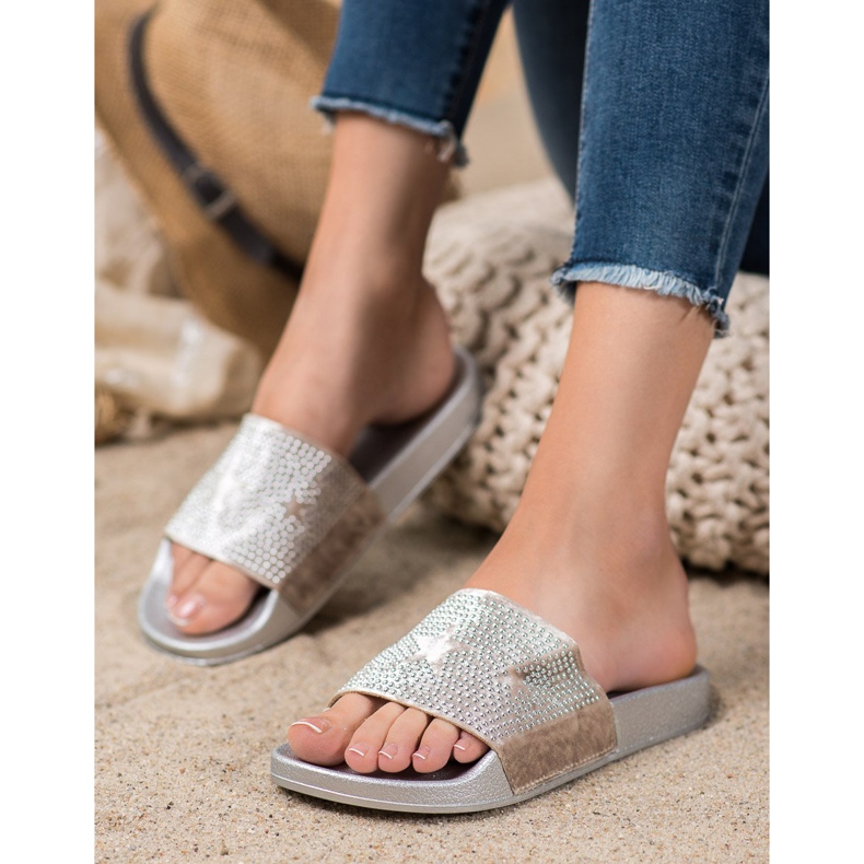 SHELOVET Velurové pantofle s hvězdami šedá 1