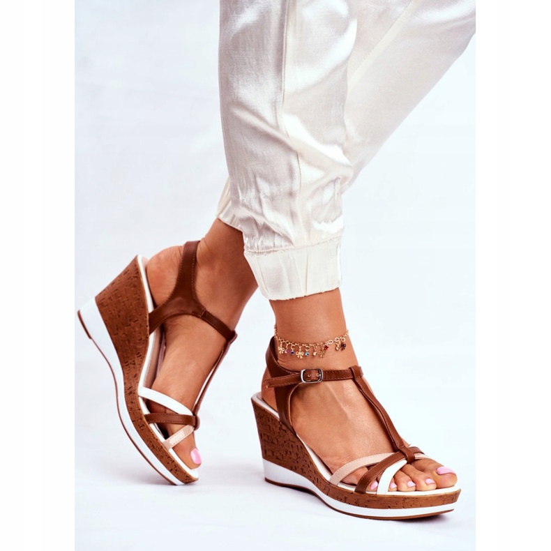 Dámské sandály na klínku Sergio Leone Brown SK308 bílý hnědý 2