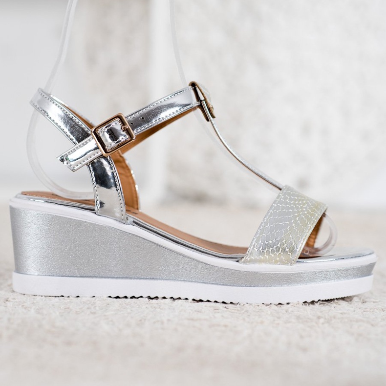 SHELOVET Stříbrné klíny s eko kůží šedá 2