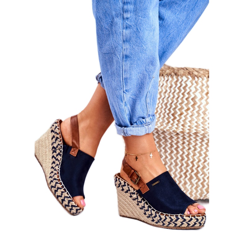 Dámské sandály na klínku Big Star Navy Blue FF274980 hnědý námořnická modř 2