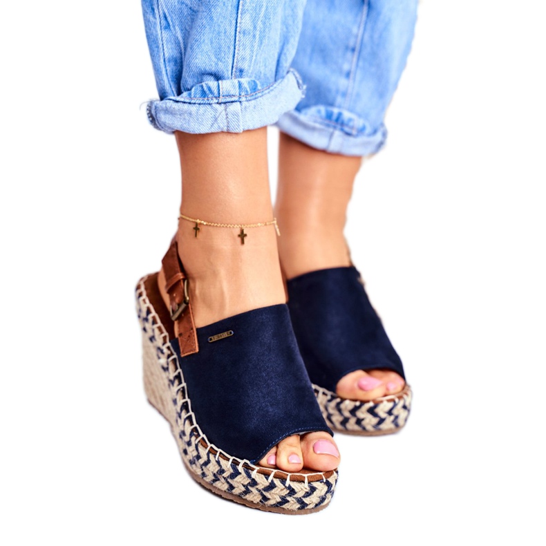 Dámské sandály na klínku Big Star Navy Blue FF274980 hnědý námořnická modř 1