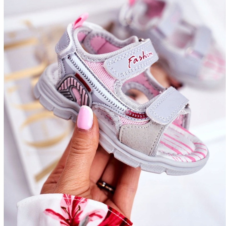 PL1 Dětské sandály se suchým zipem Grobino růžový šedá 1