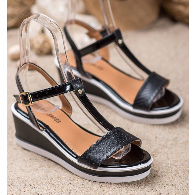 SHELOVET Černé klíny s eko kůží černá 1