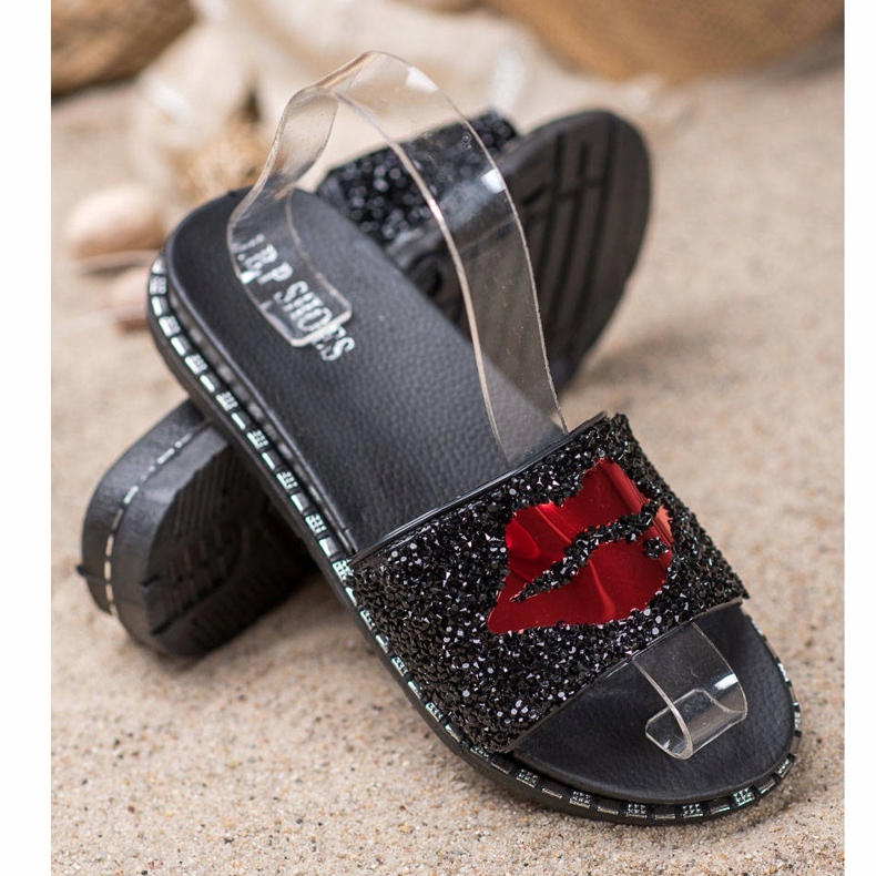 SHELOVET Černé pantofle s aplikací černá 1