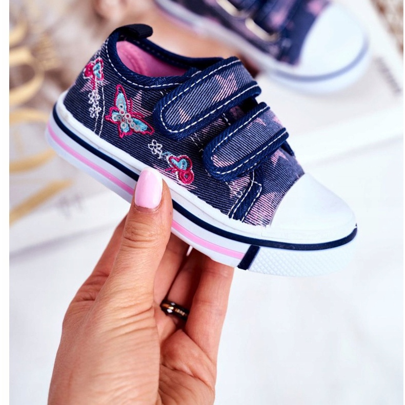 Le Scarpe Dětské tenisky Navy Blue Junalo Velcro námořnická modrá růžový 2