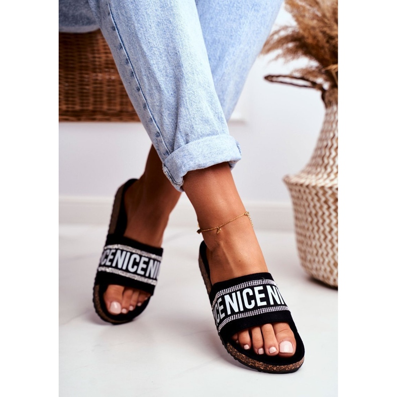 EVE Dámské černé pantofle na korku s kamínky BeNice černá 1