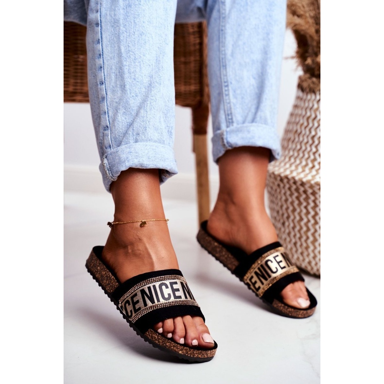 EVE Dámské černé pantofle na korku BeNice zlaté kamínky černá žlutá 1