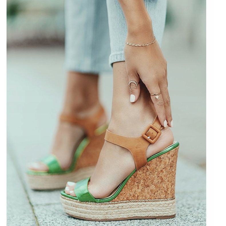 Zelené espadrilky klínové sandály VB76063 béžový zelený 1