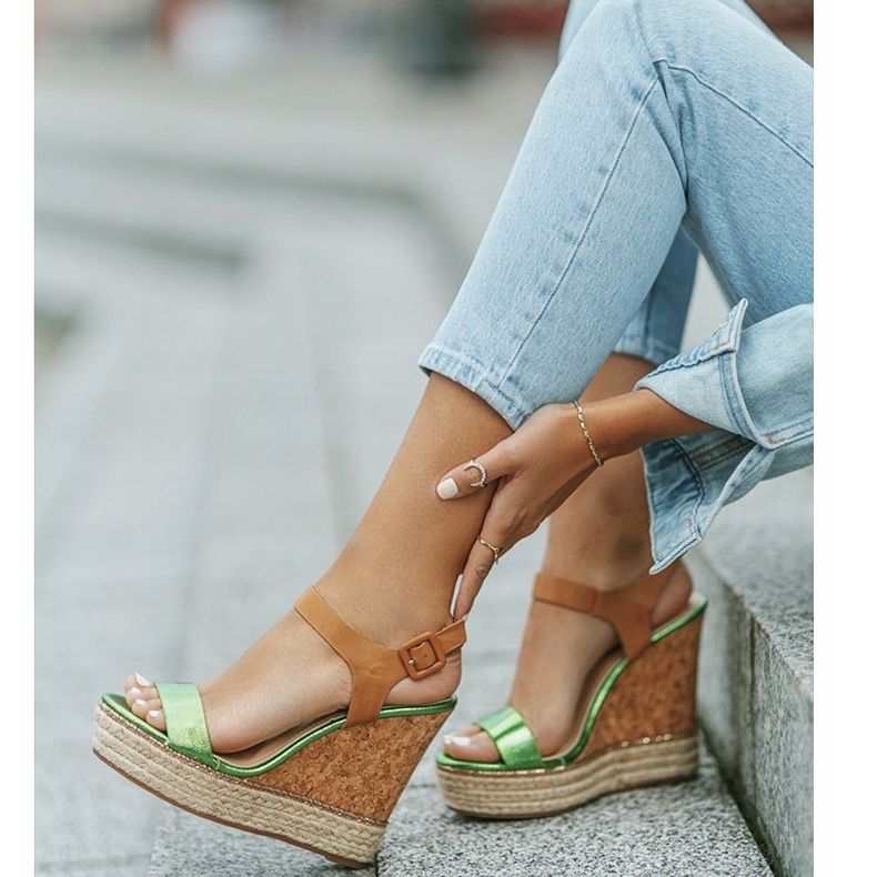 Zelené espadrilky klínové sandály VB76063 béžový zelený 2