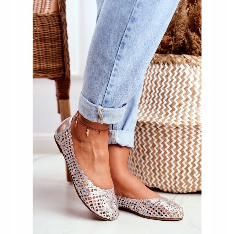 Lu Boo Dámské balerínky Stříbrné prolamované pletené nošení šedá 1