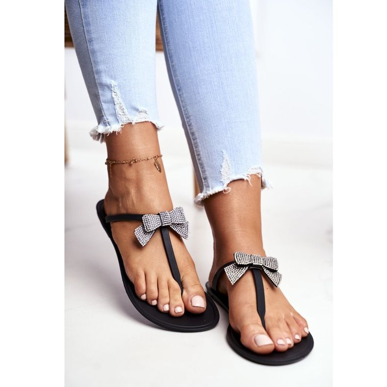 LU BOO Dámské gumové pantofle černé žabky Mašle Georgia černá 1