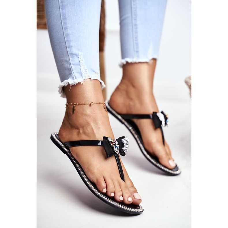 LU BOO Dámské gumové pantofle černé žabky Lissy Rhinestones černá 1