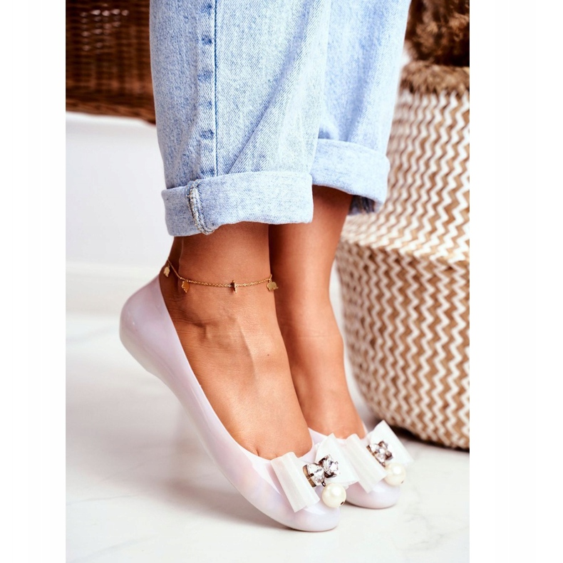 LU BOO Gumové balerínky Bílé Meliski Mašle Pearl Millie bílý 1
