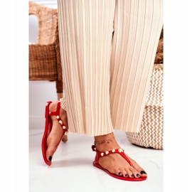 LU BOO Dámské gumové sandály Červené žabky Perly Denise 2