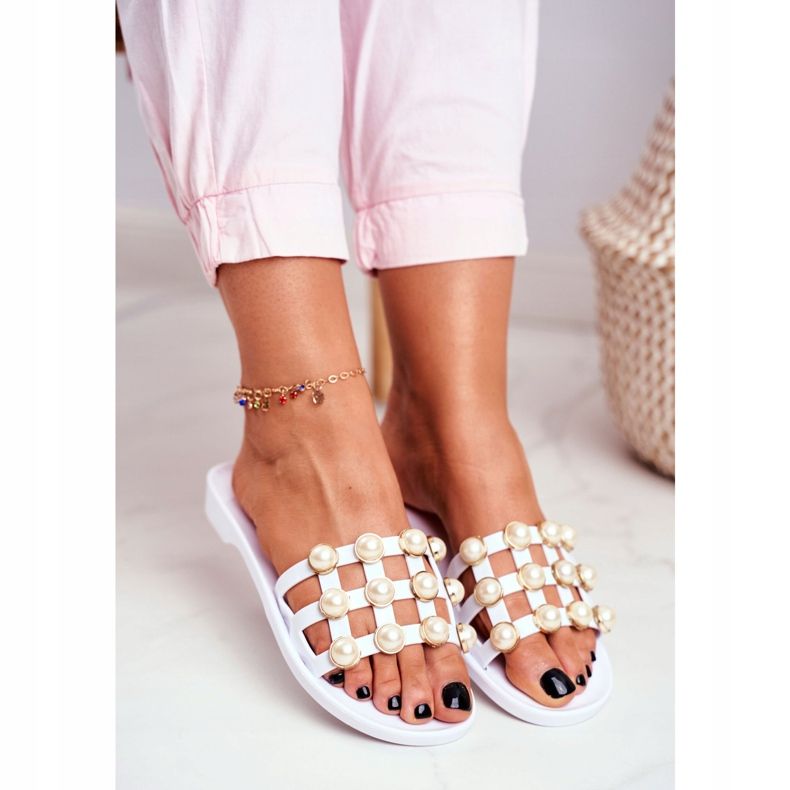 LU BOO Dámské gumové pantofle bílé Estelle perly bílý 2