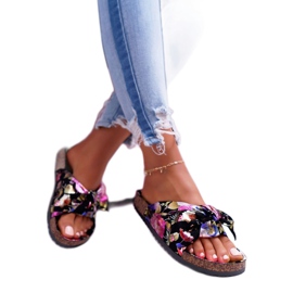 SEA Dámské černé pantofle na korkových květinách Wendy's Bow černá fialový růžový zlatý 2