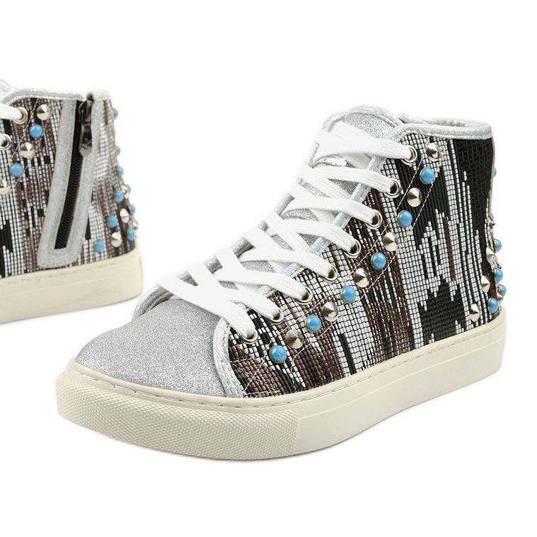 Stříbrné vysoké tenisky bohatě zdobené D17-27027 stříbrný šedá vícebarevný 1