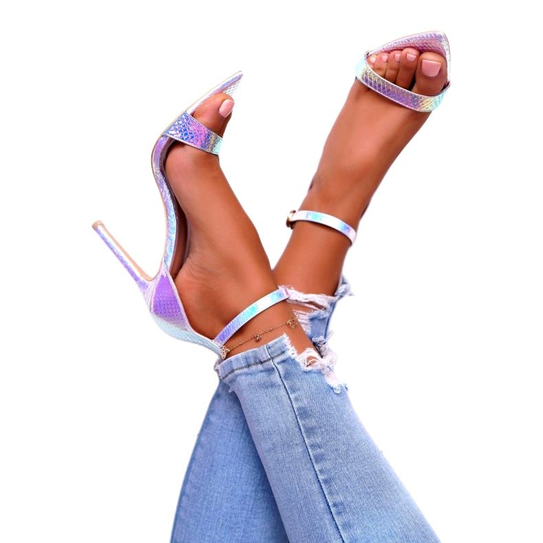 Dámské sandály na vysokém podpatku Lu Boo Opalescent Debbi bílý růžový stříbrný 3 Dámské sandály na vysokém podpatku Lu Boo Opalescent Debbi bílý růžový stříbrný 3