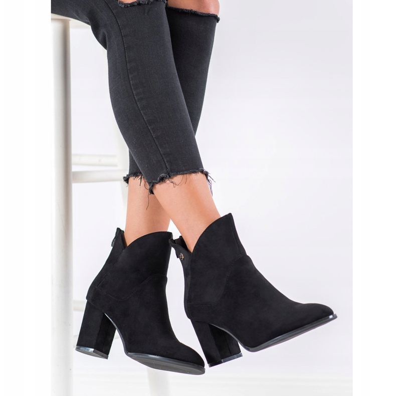 SHELOVET Semišové kozačky na vysokém podpatku černá 1