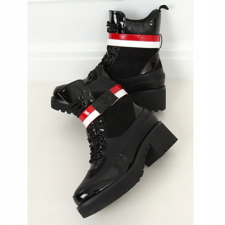 Černé šněrovací dámské boty NS086 Black bílý černý červený 2