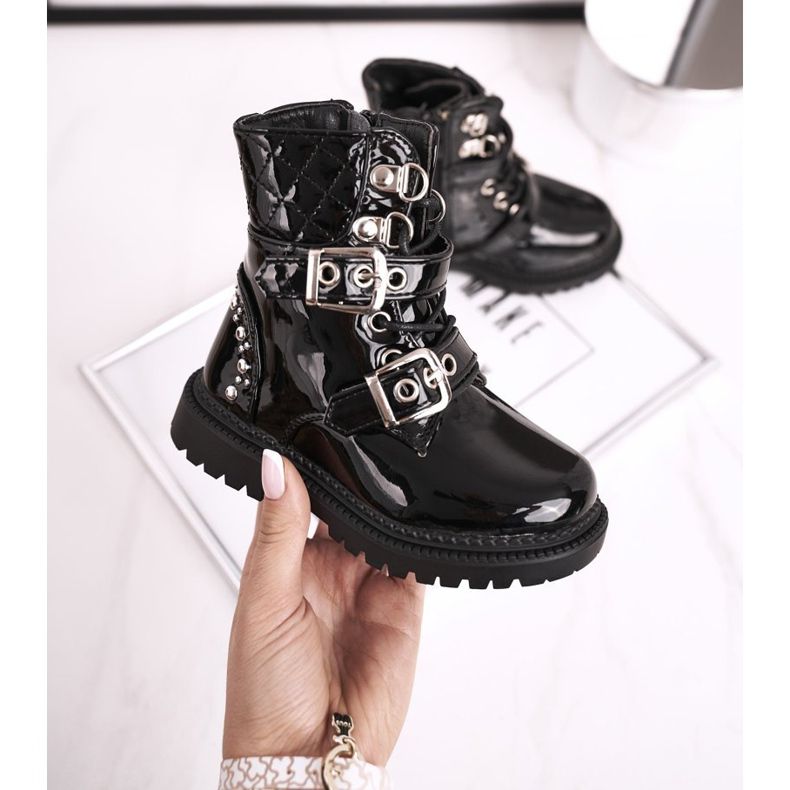 FRROCK Dětské boty zateplené kožešinou, lakovaná černá panenka 1