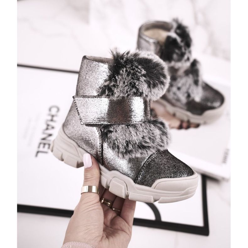 Apawwa Dětské zateplené boty Velcro Fur Grey Husar šedá 2