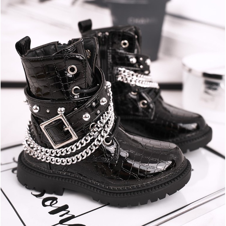 FRROCK Dětské boty zateplené kožešinou, lakovaná černá panenka 1