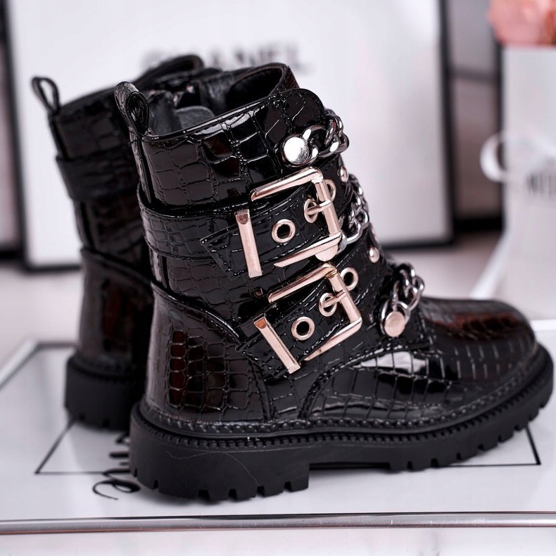 FRROCK Dětské zateplené kozačky se sponami Tisk Black Fun Time černá 1