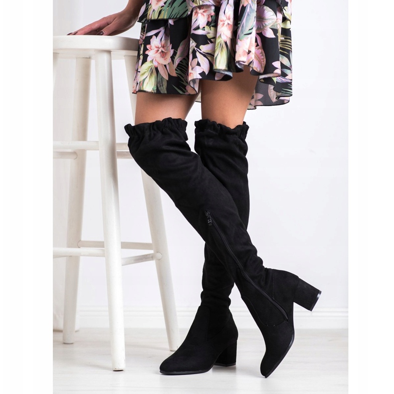 SHELOVET Vysoké semišové kozačky černá 1