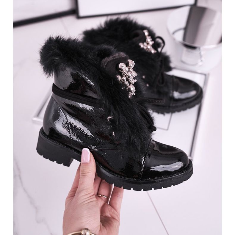 MSMG Dětské kozačky teplé lakované černé Elly černý 2