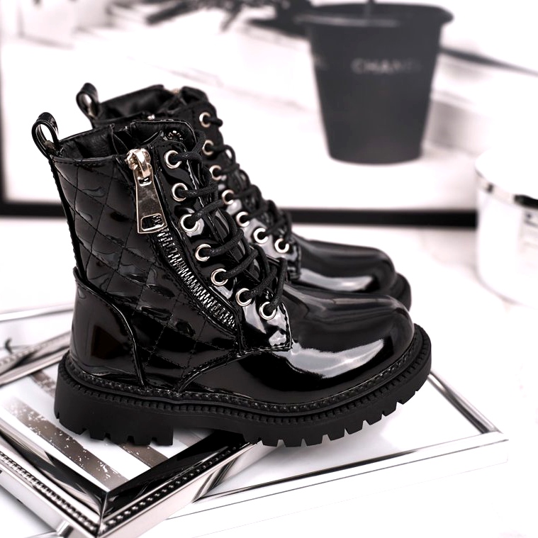 FRROCK Řekněte vám, dětské boty zahřáté kožešinou, lakované černé černá 1