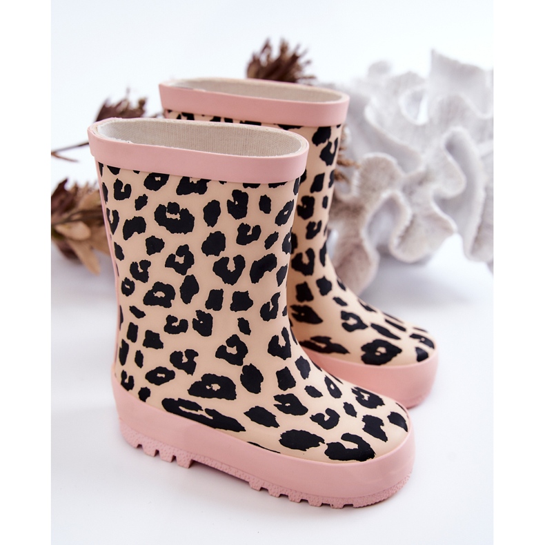 FRROCK Dětské gumové holínky do deště s leopardím potiskem, růžová Nanny černý růžový 2